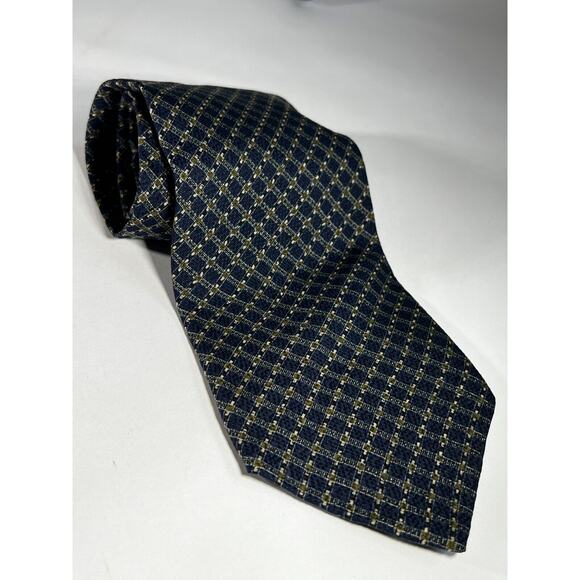 Calvin Klein Necktie Tie Silk Vintage Navy Blue Textured Small Check Pattern - Picture 1 of 11
